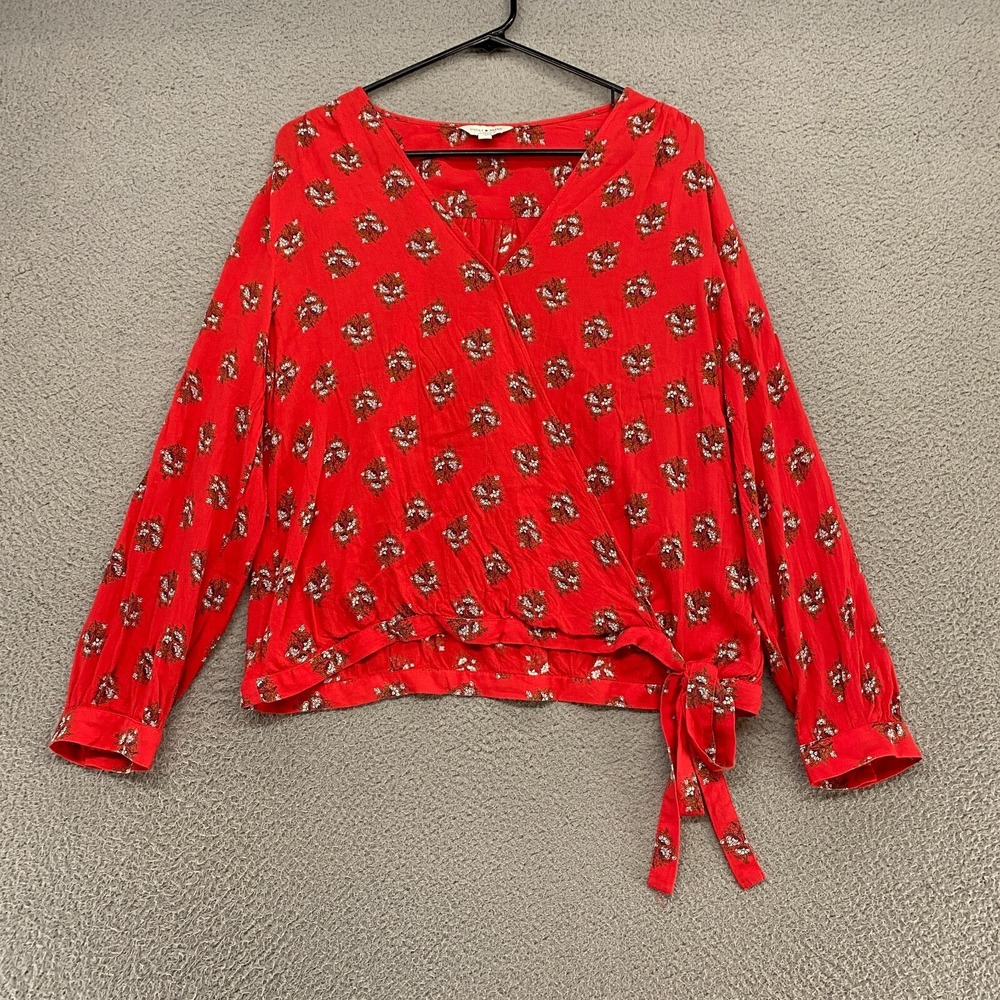 Lucky Brand Top Womens Large Peasant Cottagecore Red Floral Faux Wrap Red